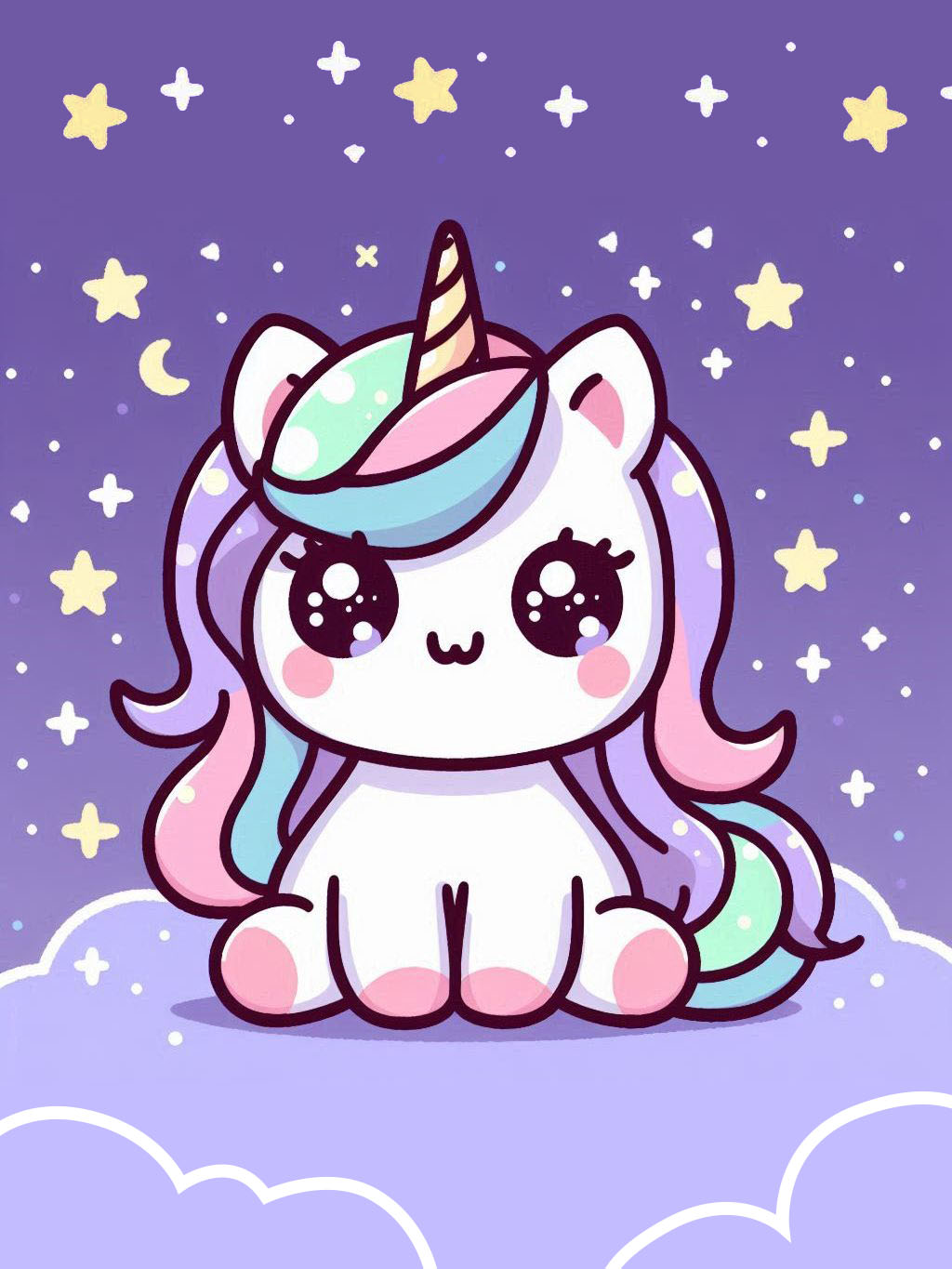 Halloween unicorn illustration ideas featuring a cute unicorn sitting on clouds, surrounded by twinkling stars and a crescent moon in the night sky. The unicorn has pastel colors, making it a charming addition to Halloween themes.